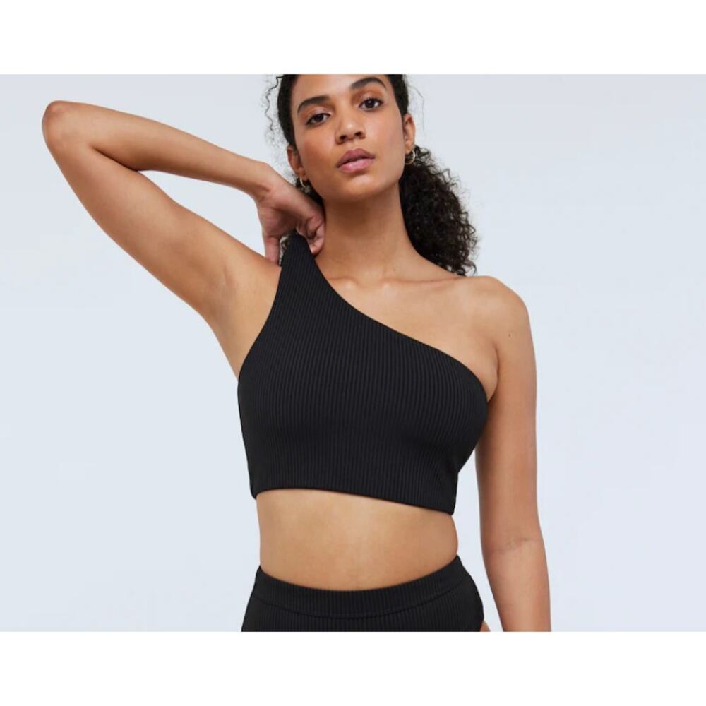 Madewell Womens Bikini Top Ribbed One-Shoulder Longline Swim UPF 50 Black Size S